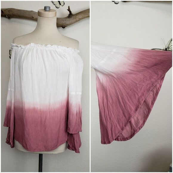 Love Notes Off-Shoulder Pink and White Rayon Blouse sz large - Picture 1 of 8